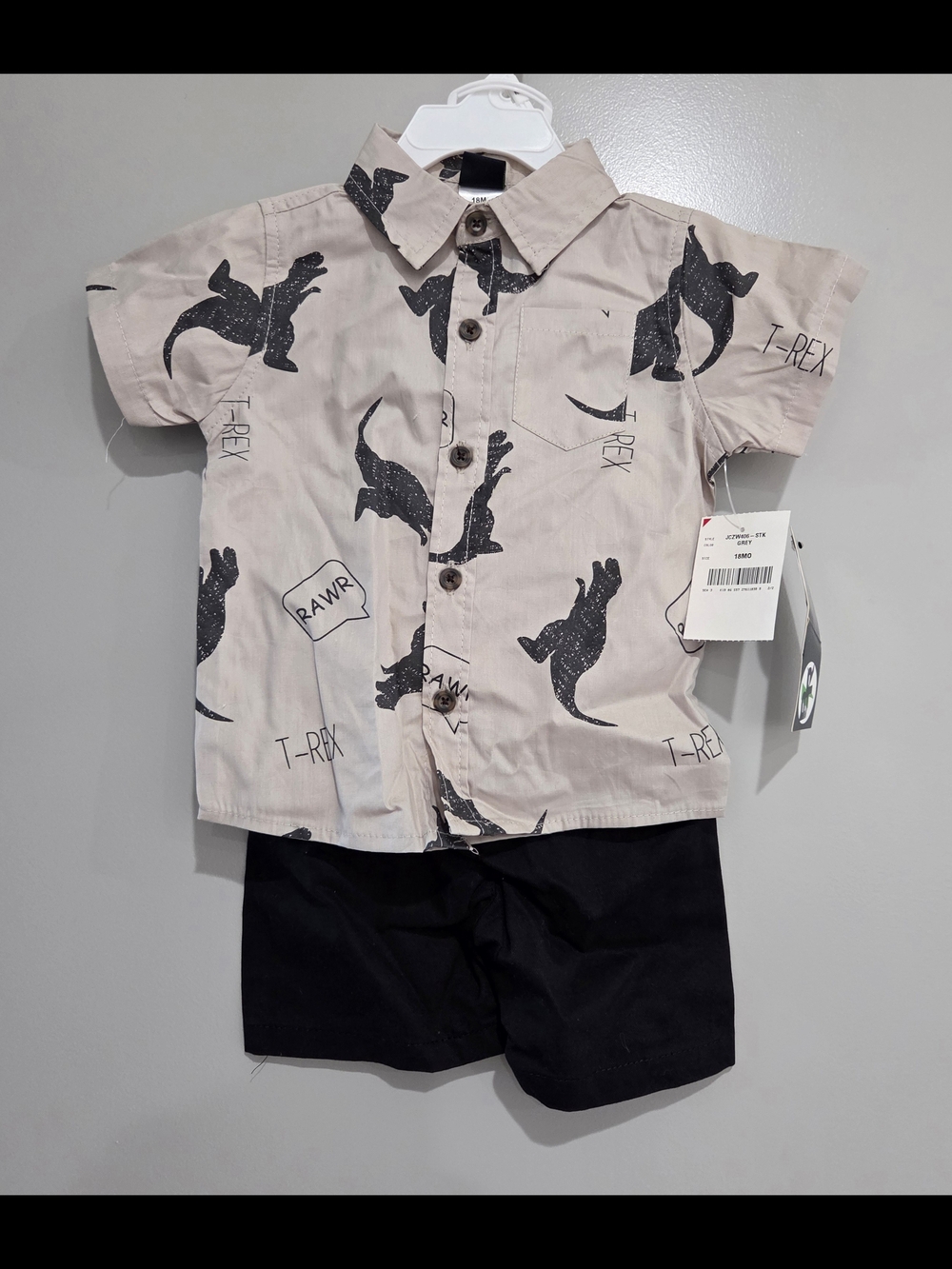 T-Rex Print Short-Sleeve Button-Down Kids Shorts Set - Gray/Black